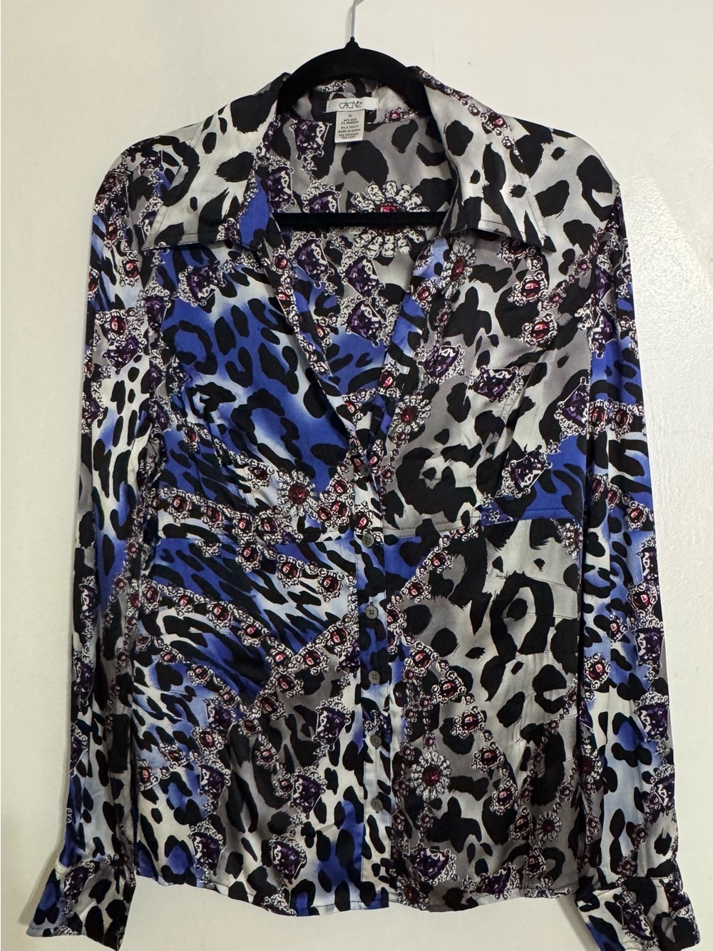 Cache Black, Purple & White Animal Print Silk Blouse Size XL